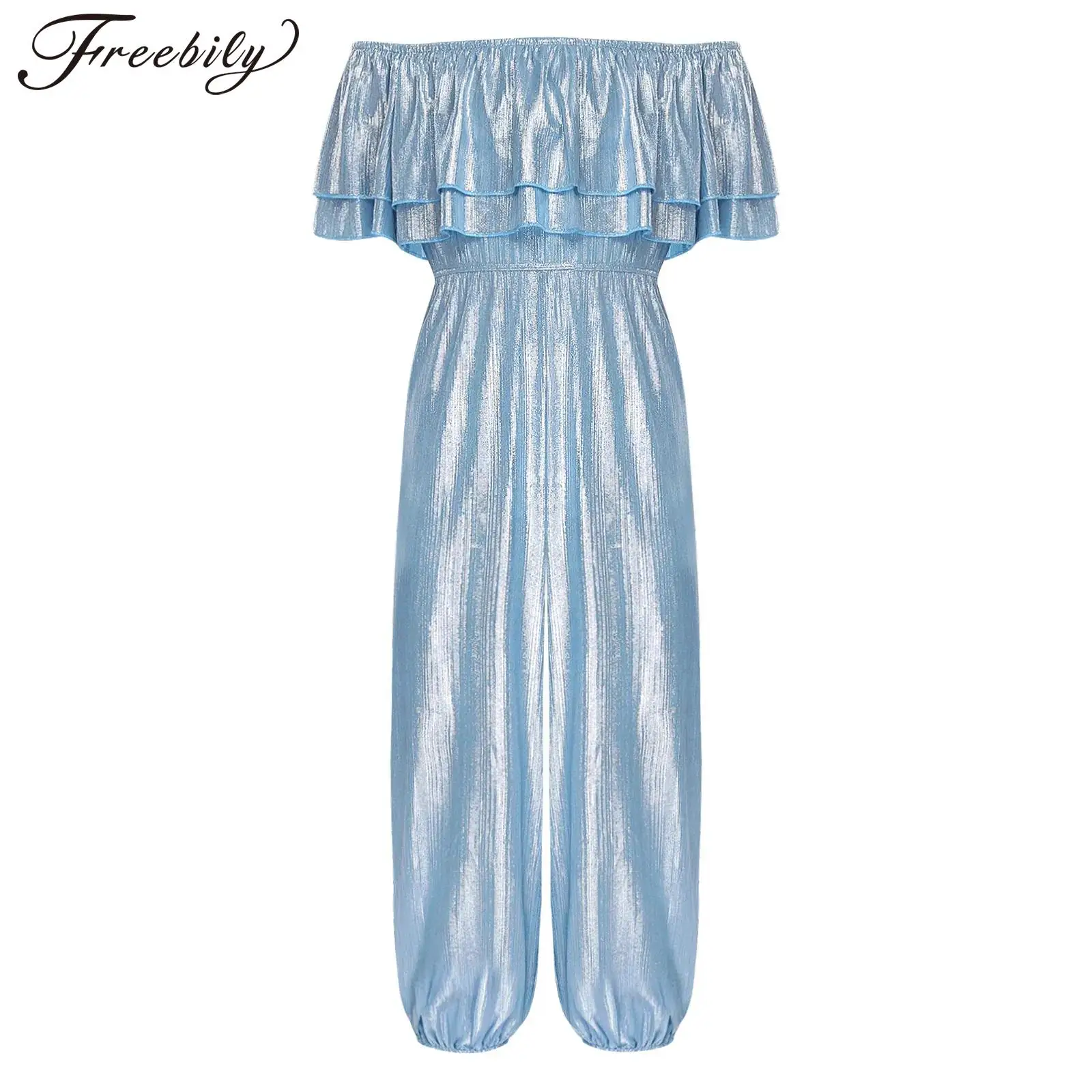

Kids Disco Outfit Off Shoulder Jazz Dance Outfit Streetwear Girls Jumpsuits Metallic Dancing Party Romper Shiny Teens Jumpsuit