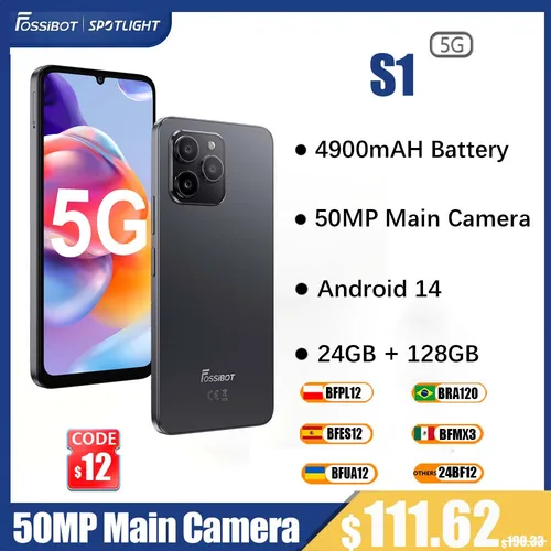 Fossibot S1 5G 스마트폰, 4900mAh 배터리, 24GB + 128GB 휴대폰, 50MP 메인 카메라, 6.745 인치 HD + 디스플레이, 안드로이드 14 NFC 휴대폰 