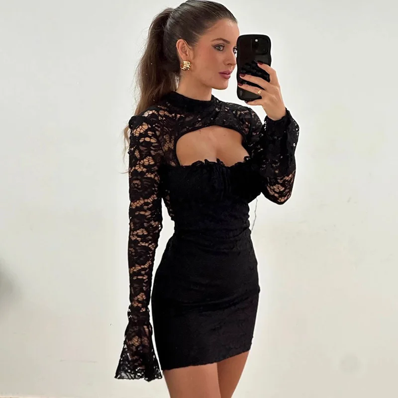 

Ticketsx Lace Hollow Out Dress Women Sexy Black Patchwork High Waist Slim Mini Dress Fashion New Lady Party Clubwear Date Dress