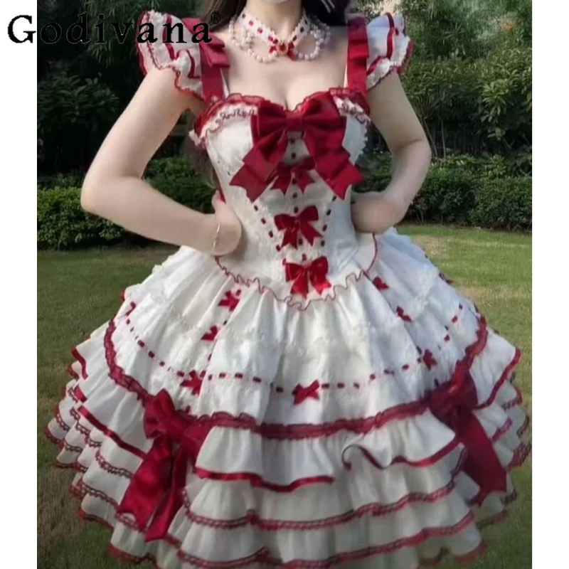 

Red and White Ballet Style Elegant Dress Women's Doll Lolita Daily Princess Dress Female Japanese Style Sweet Birthday Dress