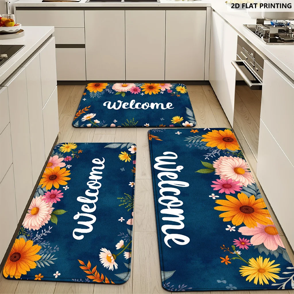 Willkommen, floraler Küchenteppich in Marineblau, Heimdekoration, langer Flur, Küche, Blumenmuster, Gelb, Orange, Rosa, Blau, 2D-Flachdruck