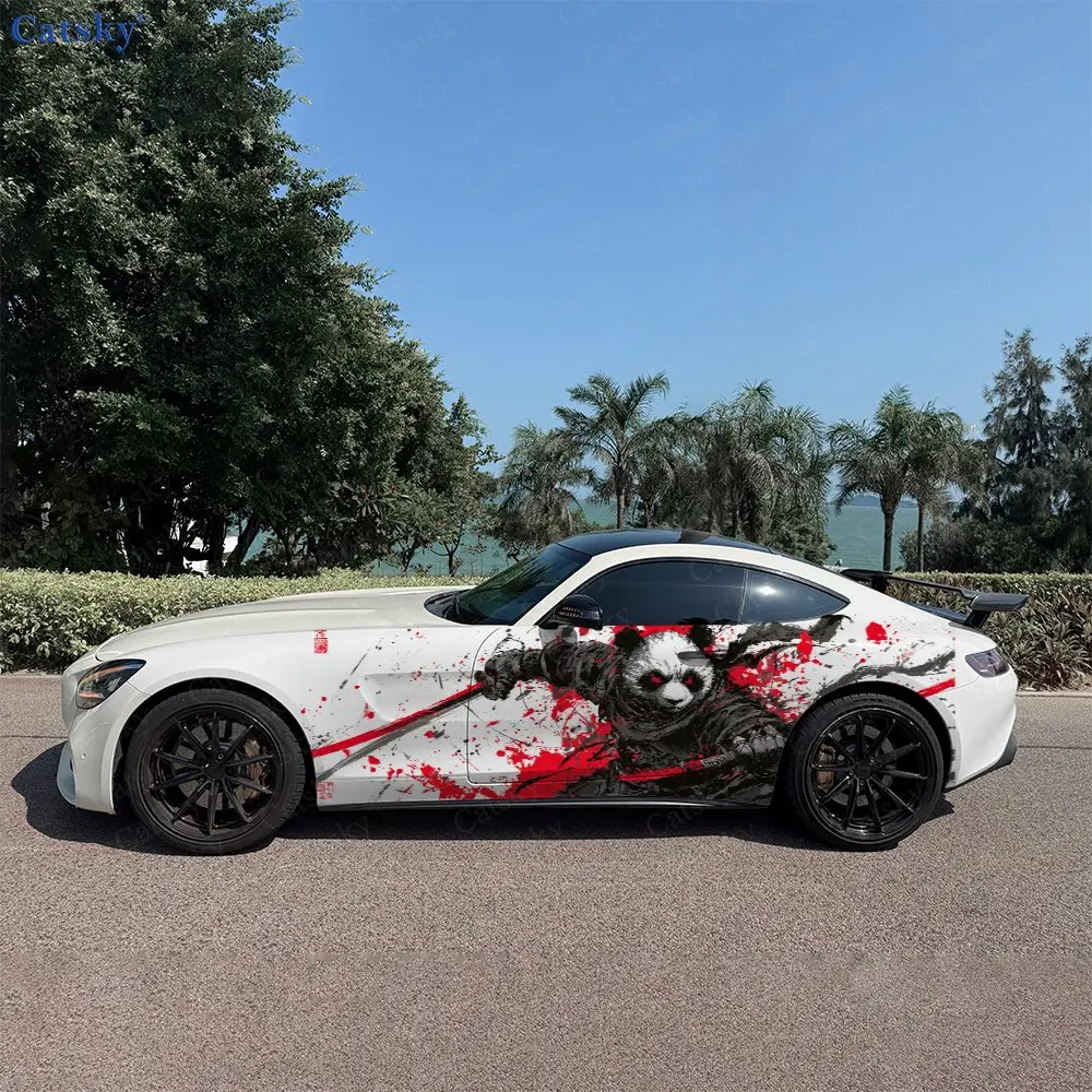 2pcs Martial Panda Red Splash Car Side Wraps, Self-Adhesive PVC Waterproof & Scratch-Resistant Stickers, Car Accessory Gift