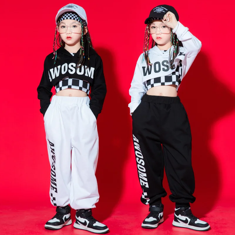 Kids Clothing Girls Jazz Dancing Outfits Letter Print Crop Tops Plaid Vest Casual Pant Set Hip Hop Dance Performance Stage Wear