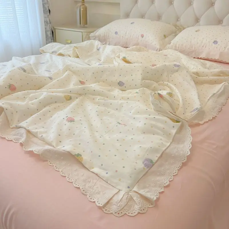 Aesthetic Lace Washed Cotton Bedding Set - 3/4 Piece Dorm Bedding with Fitted Sheet, Duvet Cover & pillowcase