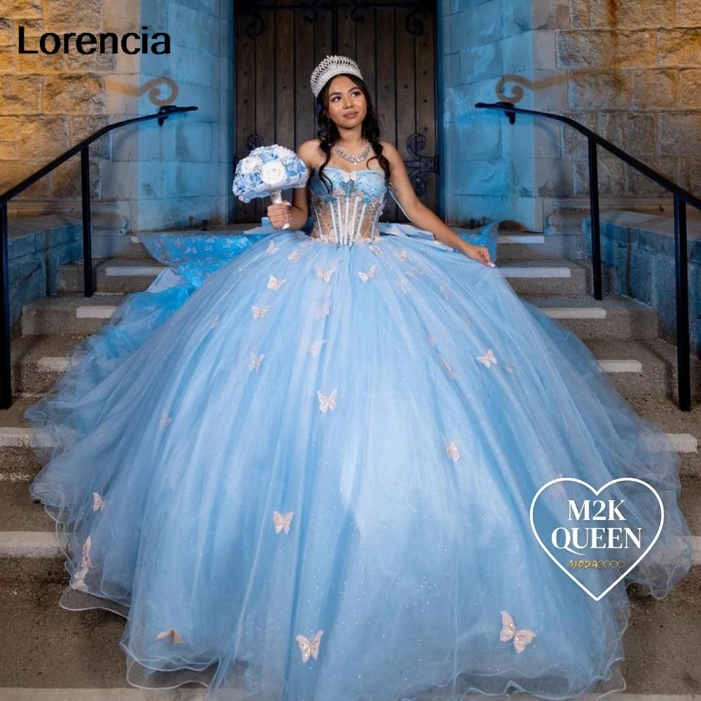 Maßgeschneidertes blaues Quinceanera-Kleid, Ballkleid, Schmetterlingsapplikation, Perlenstickerei, große Schleife, Korsett, Sweet 16, Vestidos de 15 Años YQD907