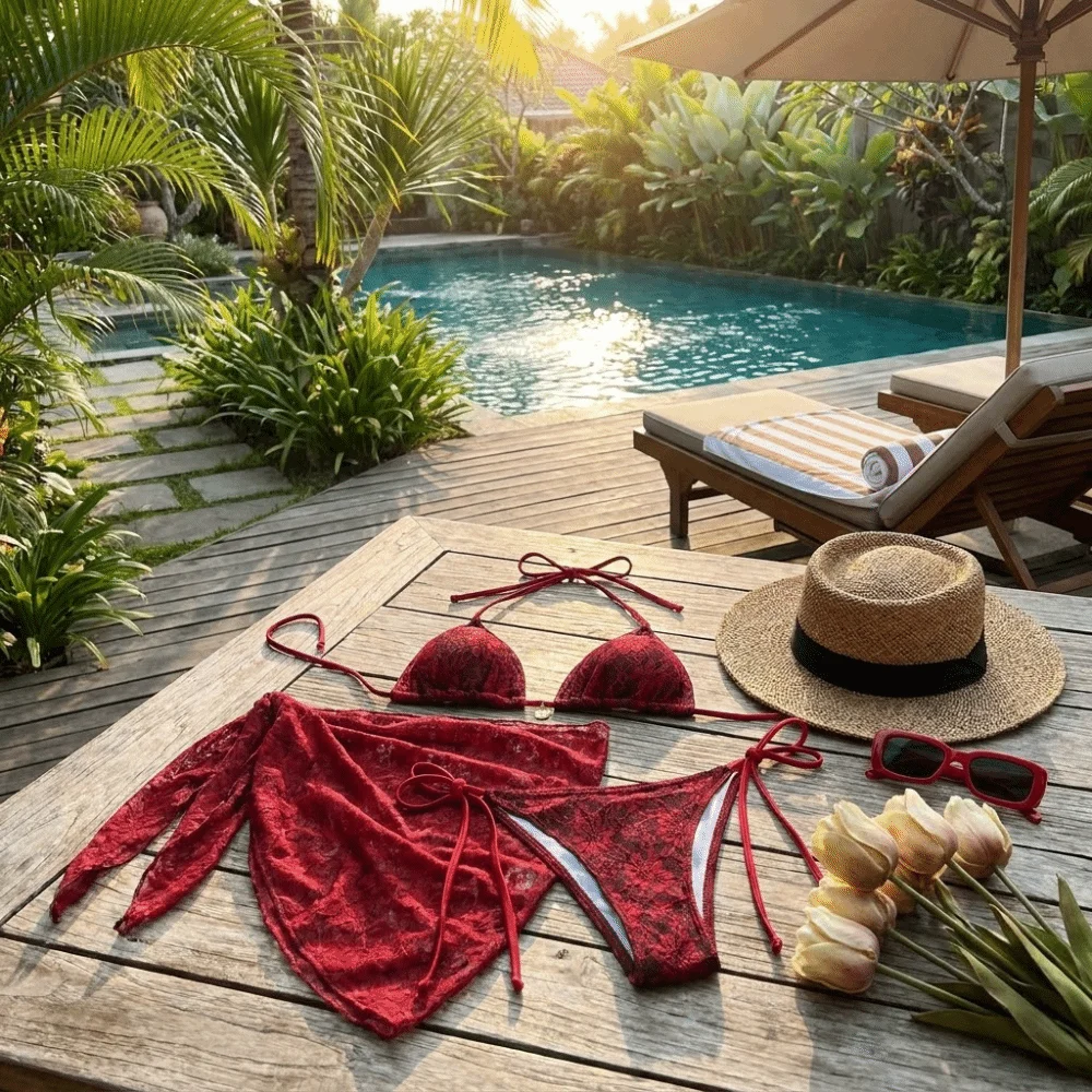 Fashion Halter Sexy Brazilian Bikini Set Cover Skirt Nylon Three-Piece Swimwear Mesh Red Lace Bikinis Summer