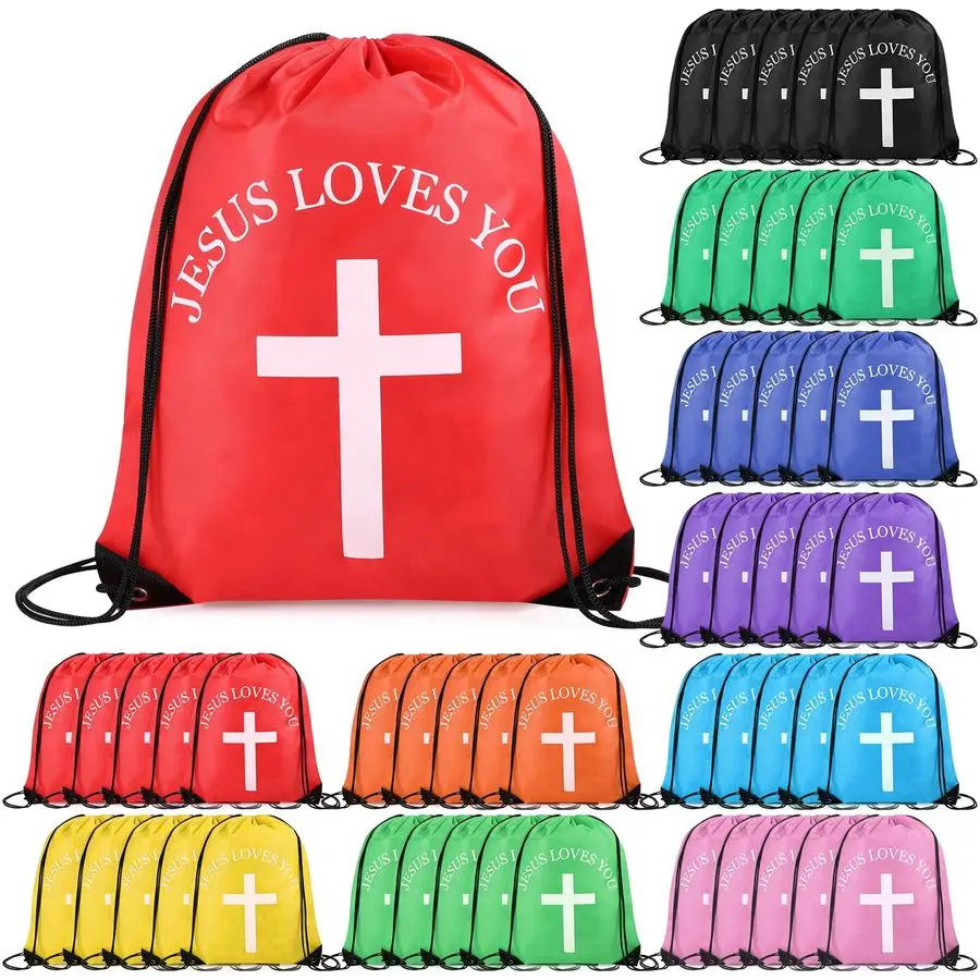 

Loves You Drawstring Backpack Bulk Easter Church Gifts Christian Religious Gift Bag Polyester BackpackMulticolor,50 Pcs