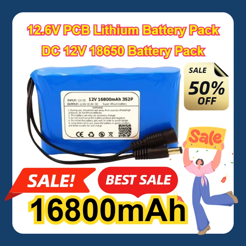 

12.6V PCB Lithium Battery Pack DC 12V 18650 Battery Pack 16800mAh Rechargeable Batteries