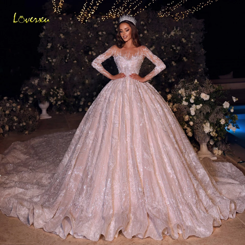 

Loverxu Ball Gown Royal Wedding Dresses 2024 O-Neck Long Sleeve Vestido De Novia Lace Embroidery Chapel Train Robe De Mariee