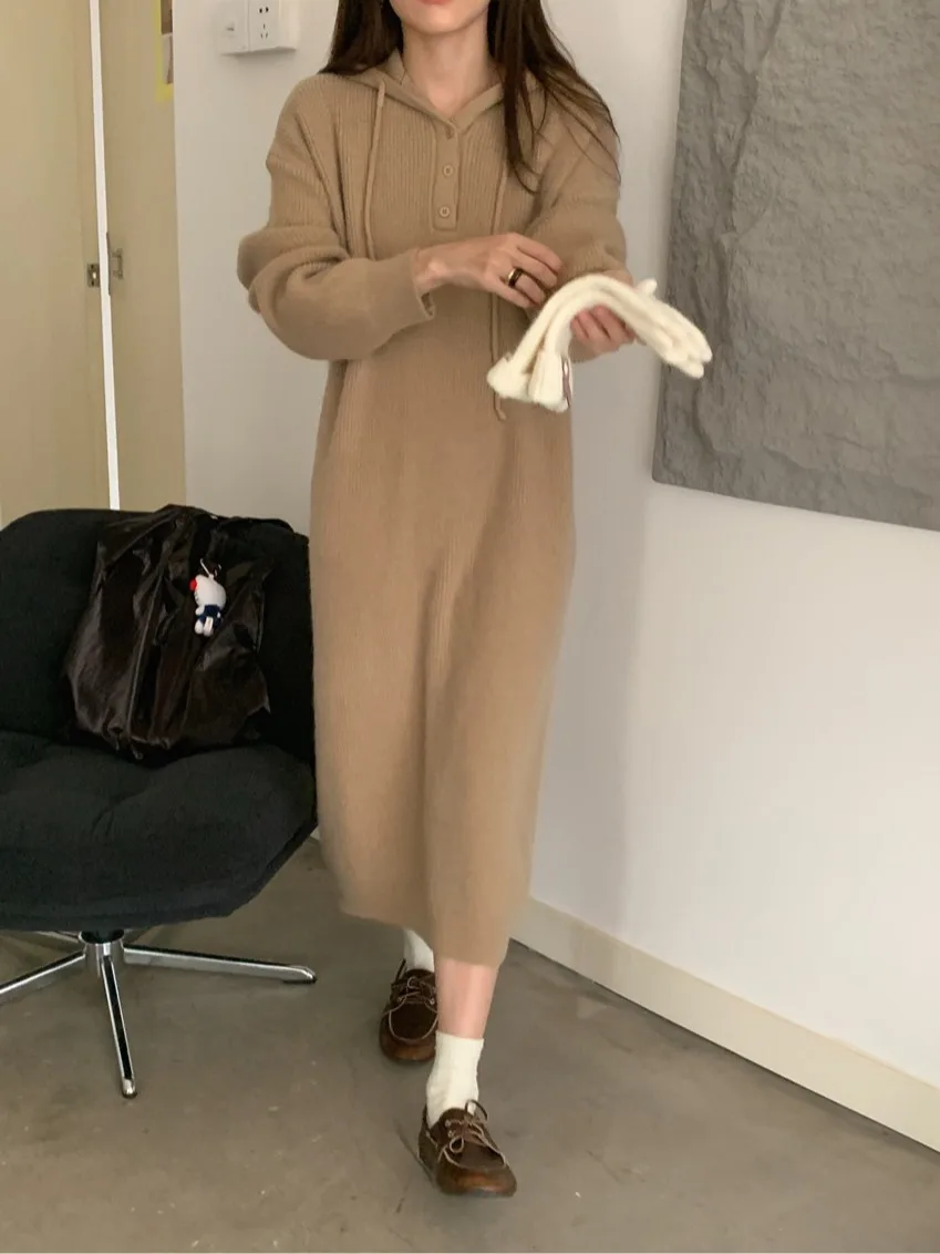 가을 겨울 부드럽고 포근한 후드 니트 여성 루즈 롱 스웨터 한국 스타일 캐주얼 웨어 학교 및 거리용