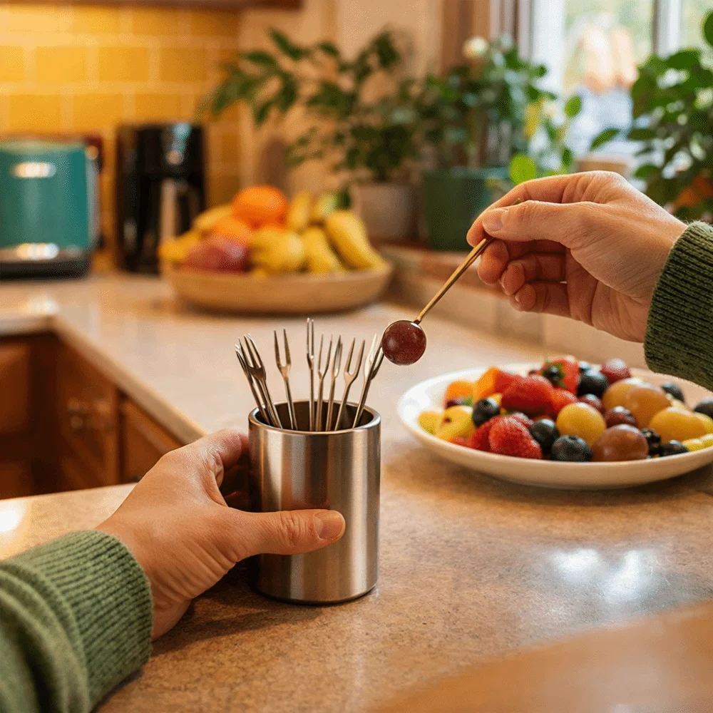 Portable Stainless Steel Fruit Fork Holder Cylinder Durable Toothpick Box Multi-functional Storage Tube Gift Idea
