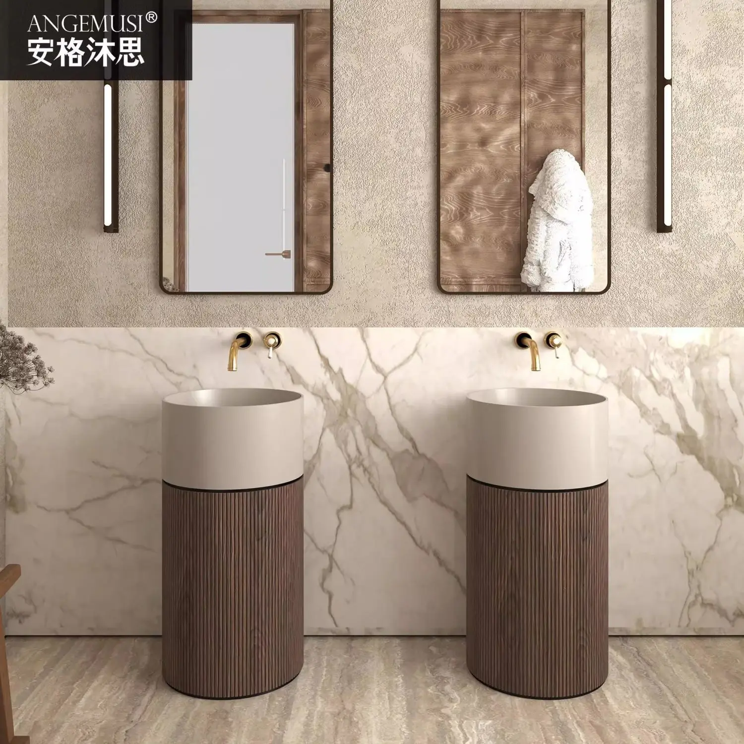 Medieval style washstand Integrated French walnut color column basin Household bathroom Floor-to-ceiling washstand