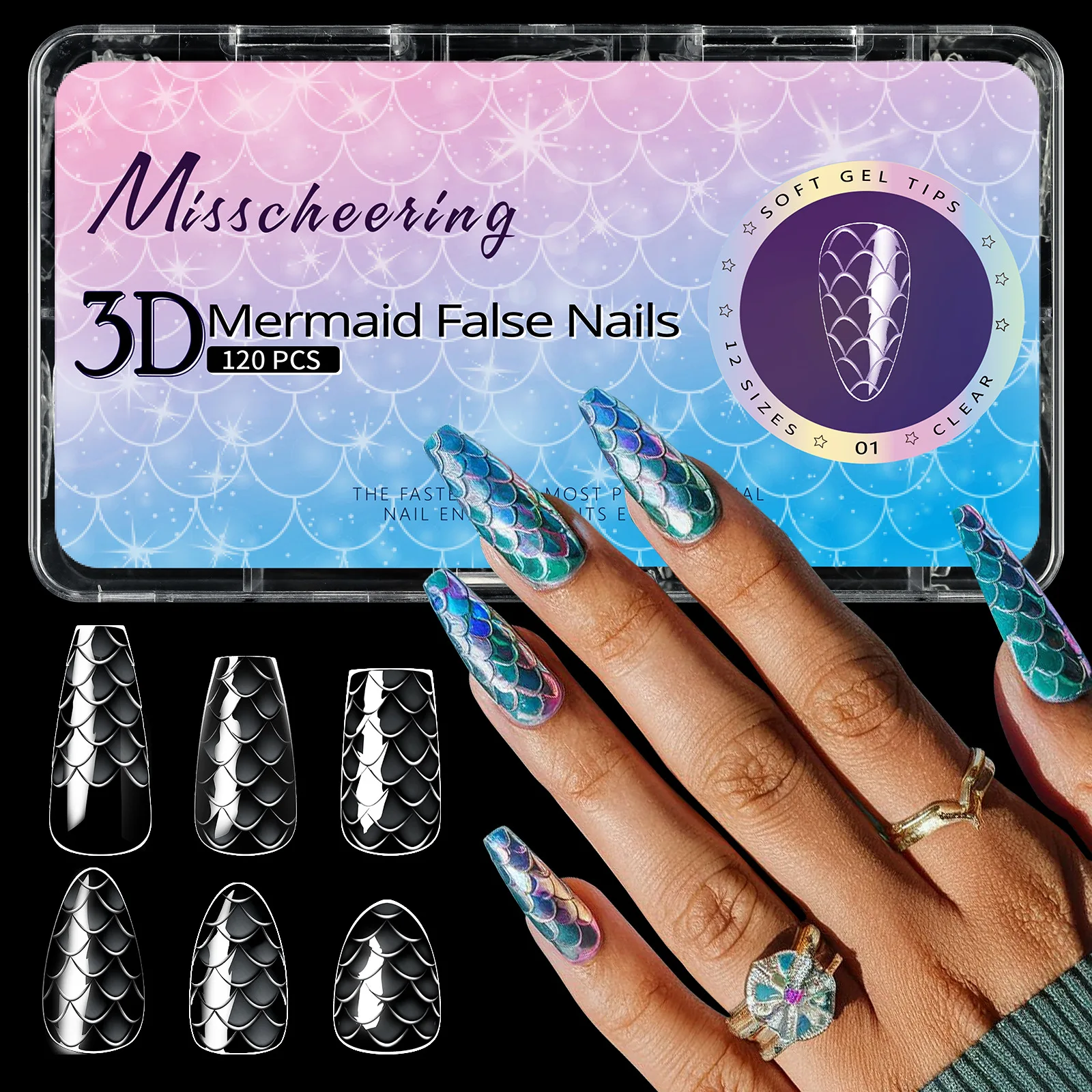 CHUNSHU False Nails Press on 3D Fish Scale Full Cover Nail Tips Almond Ballet Wearing Long Shaping Nail Accessories Manicure DIY