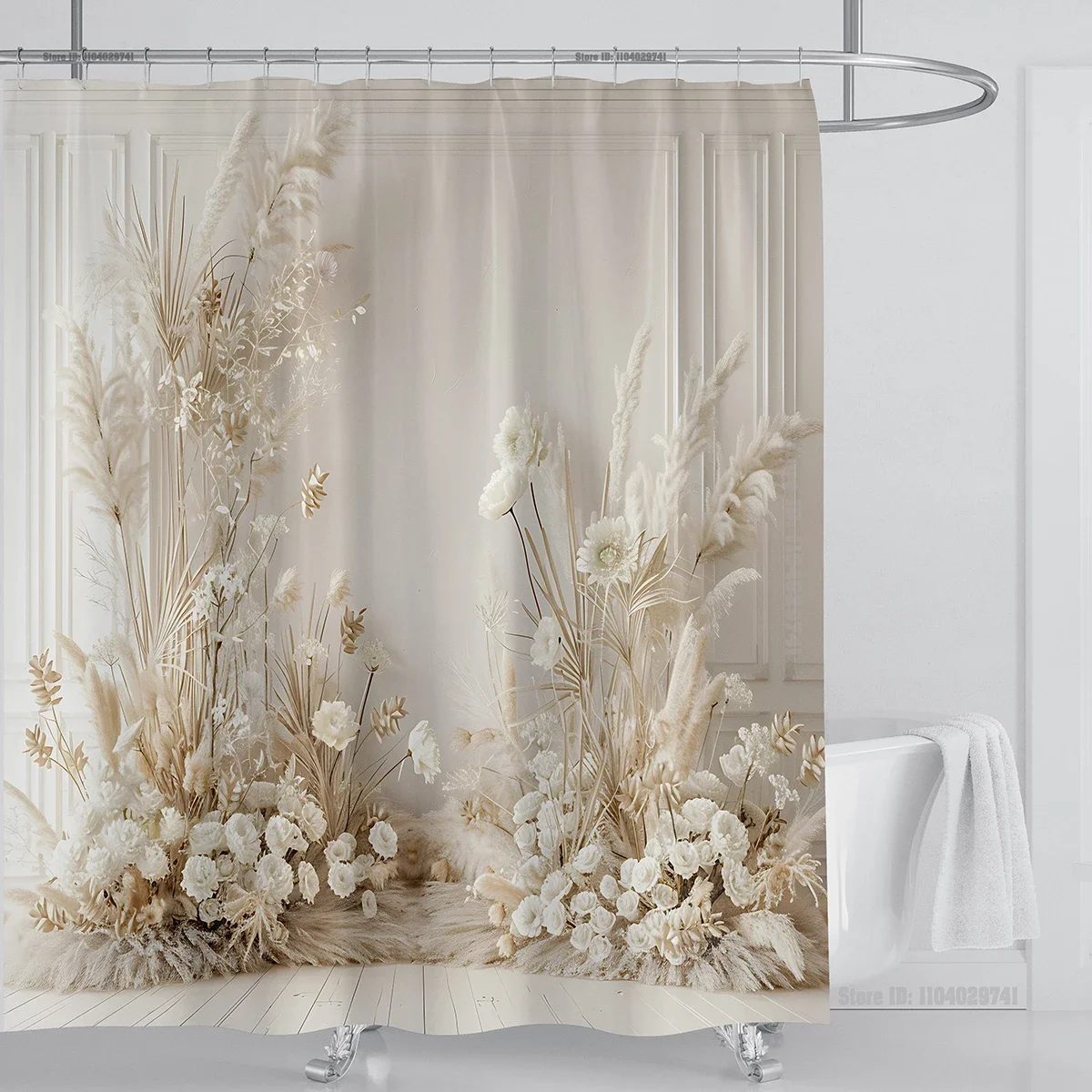 

Элегантная занавеска для душа с цветочным принтом — мягкие белые цветы и трава для романтического декора ванной комнаты, водонепроницаемая и легкая в уходе