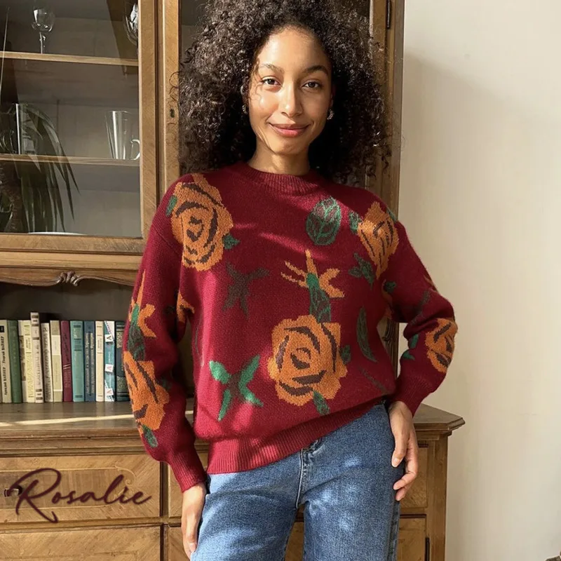 

Rosalie, осенний новый элегантный свитер с цветочным узором, женские винтажные вязаные жаккардовые пуловеры с круглым вырезом, женская мода, универсальные детали
