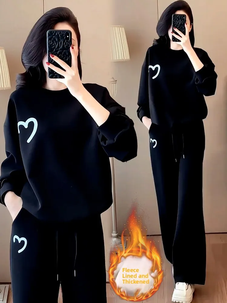 

Women's Fce Lined Thiened Casual Set Loose Fit Slimming Sweatirt Wide Leg Pants Two Piece Set Faionable Autumn Winte...
