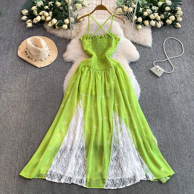 

Holiday Chiffon Lace Dresses Fairy Style Female Stretchy A-line Ruffles Splice Summer Bohemian Floral Sling Long Dress