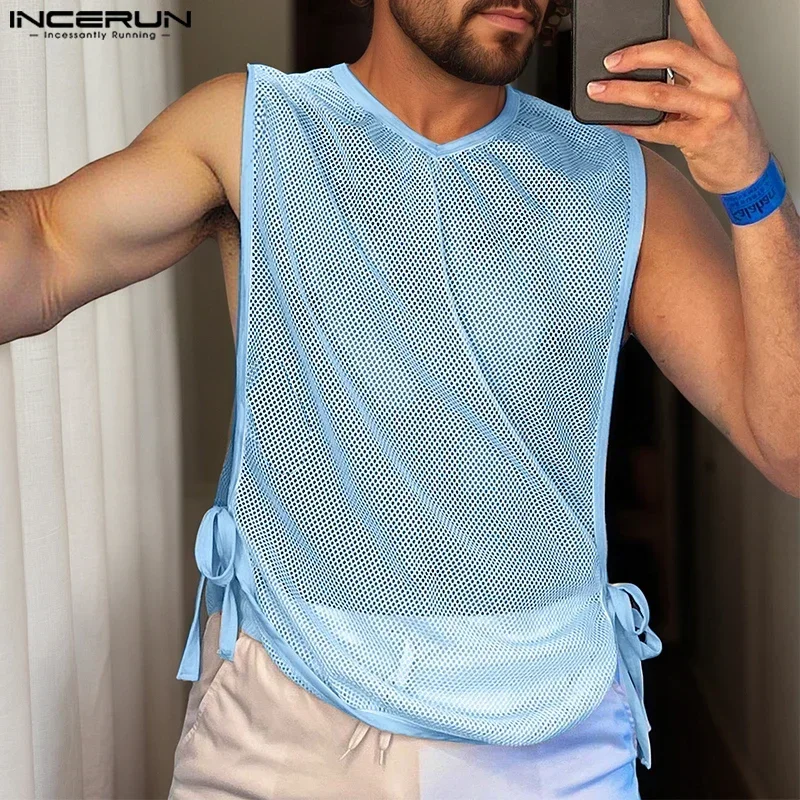 INCERUN Men Tank Tops Solid V Neck Sleeveless Lace Up Mesh See Through Male Vests Streetwear 2025 Split Fashion Men Clothing
