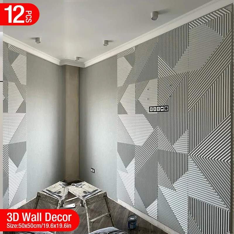 12pcs 50cm 3D wall decor Wood grain slatted wall panel 3D groove texture panel tile living room wall sticker waterproof bathroom