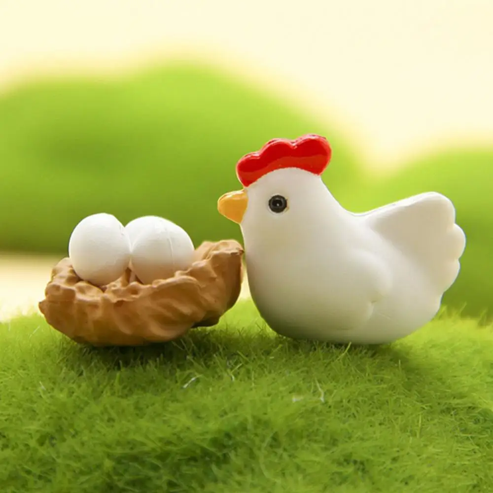 Miniature Decor 2Pcs 1Hen Chicken Family Egg Statue Figurine Doll House Garden Decor