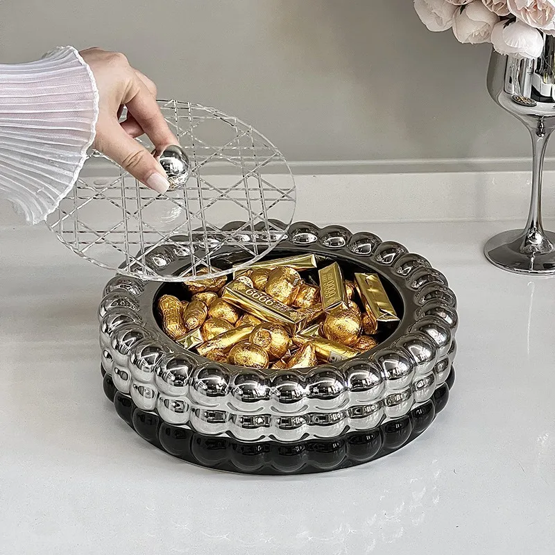 Ahunderjiaz-Silver Light Luxury Plating Desktop Storage Tray, Candy Snack Tray with Lid, Household Kitchen Storage Set