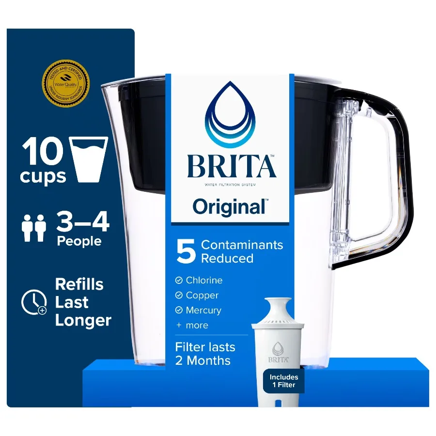 Brita 10 Cup Large Plastic Water Filter Pitcher, Black, BPA Free with 1 Standard Brita Filter