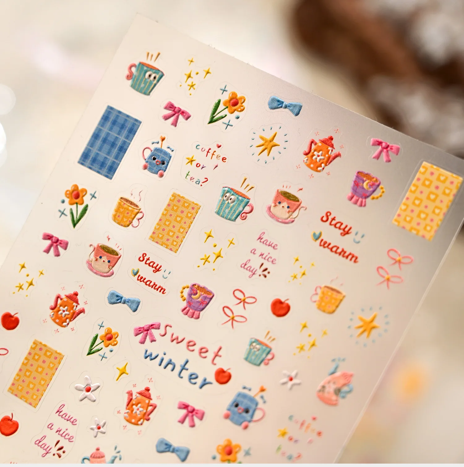 5D Cartoon Teacup Teapot Plaid Fabric Pink Blue Bow Flower S