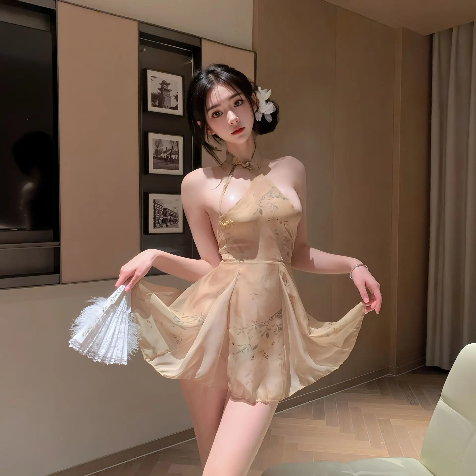 فستان نسائي عتيق مثير بدون أكمام فستان صيفي قصير بياقة واقفة وخصر عالي فساتين حفلات أنيقة ضيقة #1