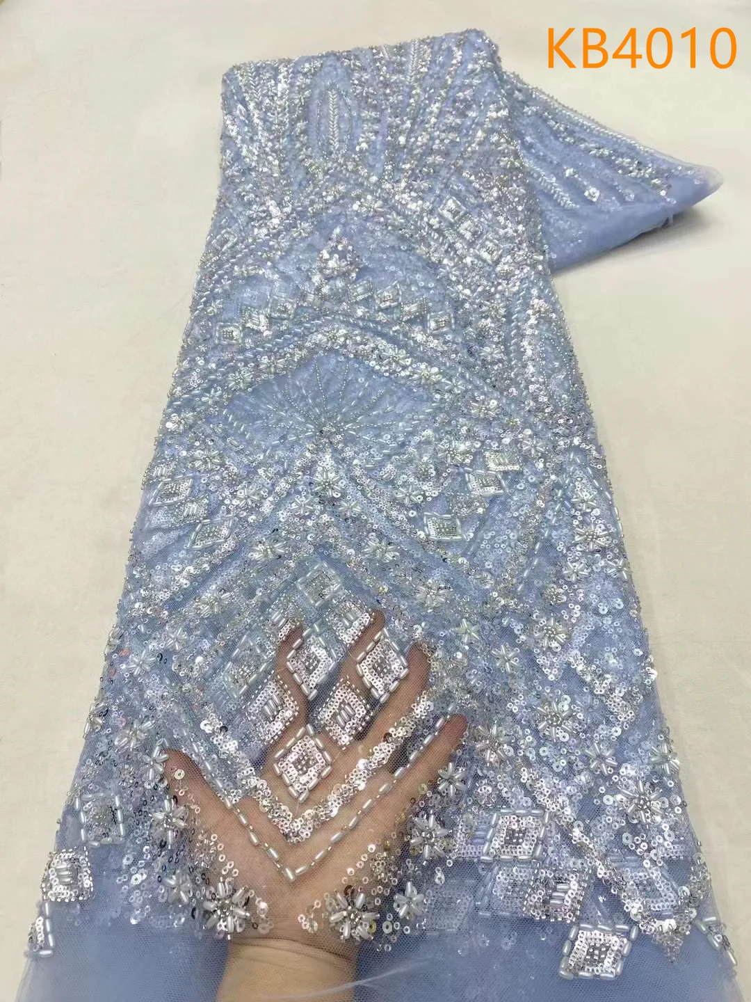 Latest Blue Beaded Lace Fabric Dubai High Quality Fabric 2024 African Sequins Tulle Lace Fabrics Lace for Wedding Dress KB4010