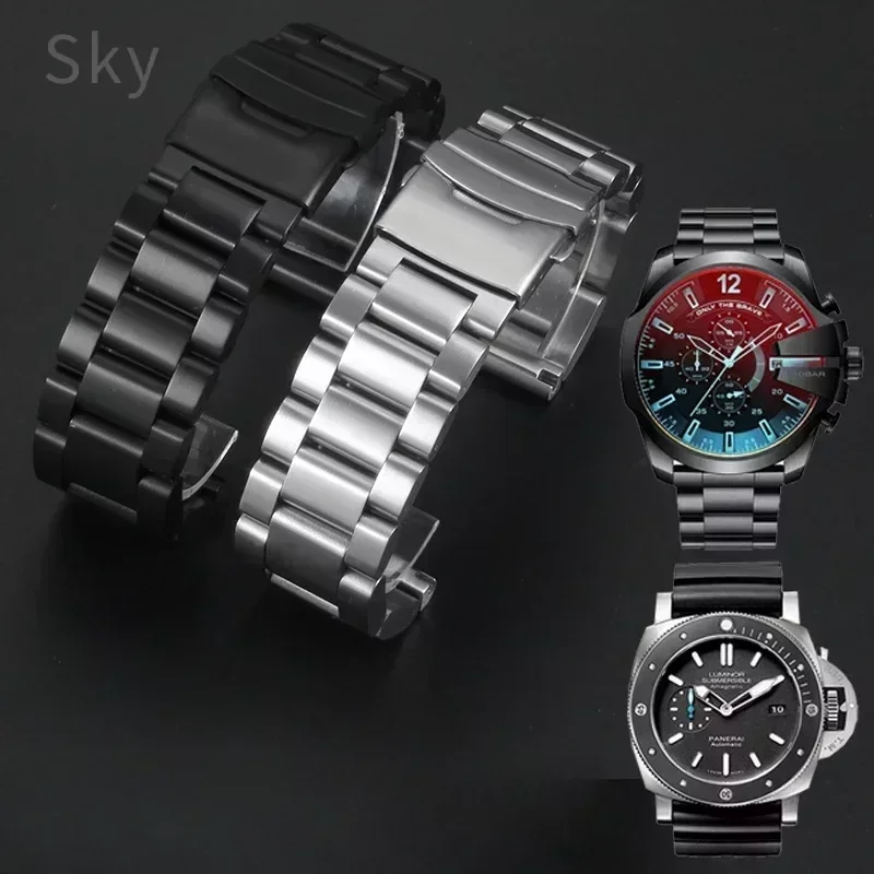 24 22 26mm acessórios de fivela de pressão dupla para panerai diesel luminox sólido engrossado aço preto masculino substituir pulseira de relógio
