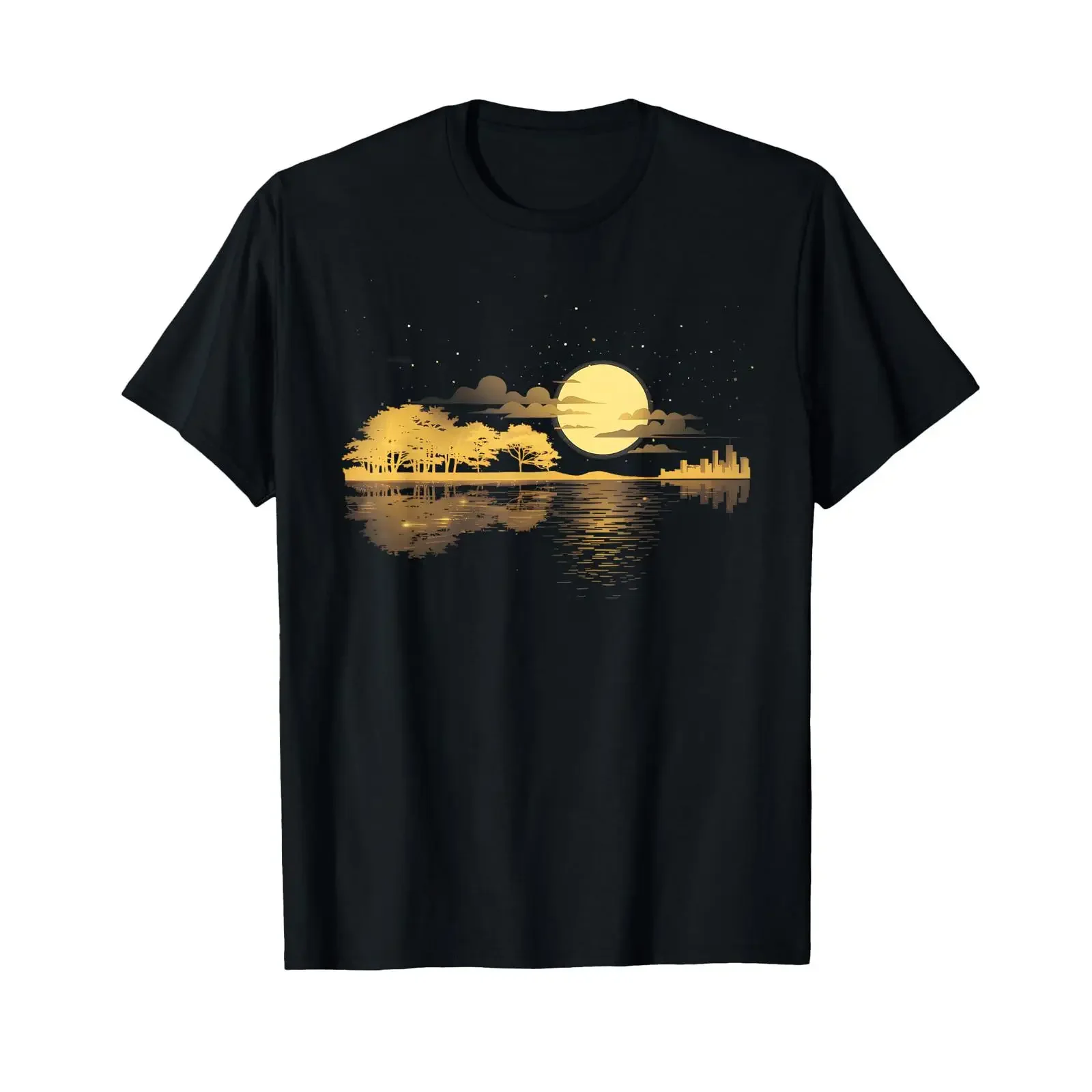 Akustikgitarre, Lake Reflections, Natural Moon, Gitarrenspieler-T-Shirt, Vintage, gewaschen, dehnbar, Designerkleidung, Mode für Herren, weich