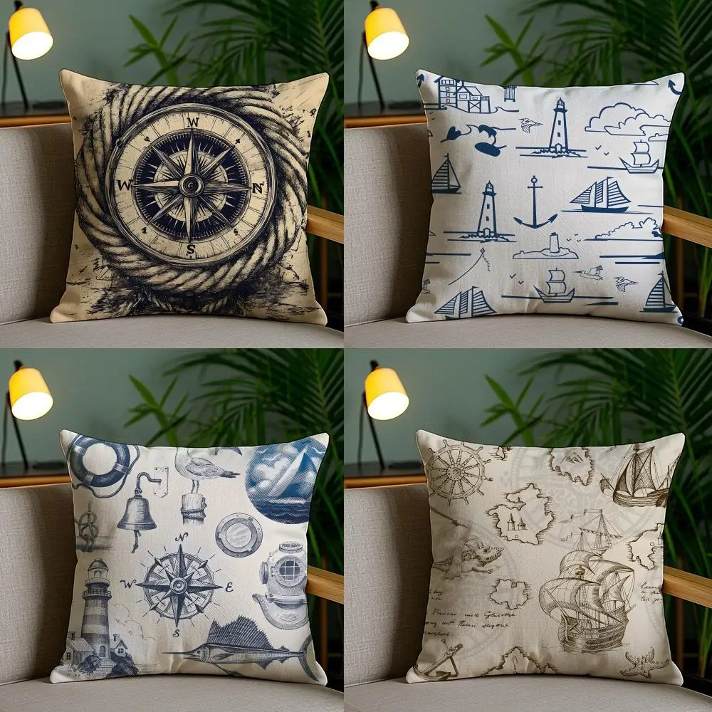 Ocean Blue Compass With Anchor Cushion Cover Cushion Cover Soft Washable Pillow Case Multi-Scene For Couch Bed Travel Office Use
