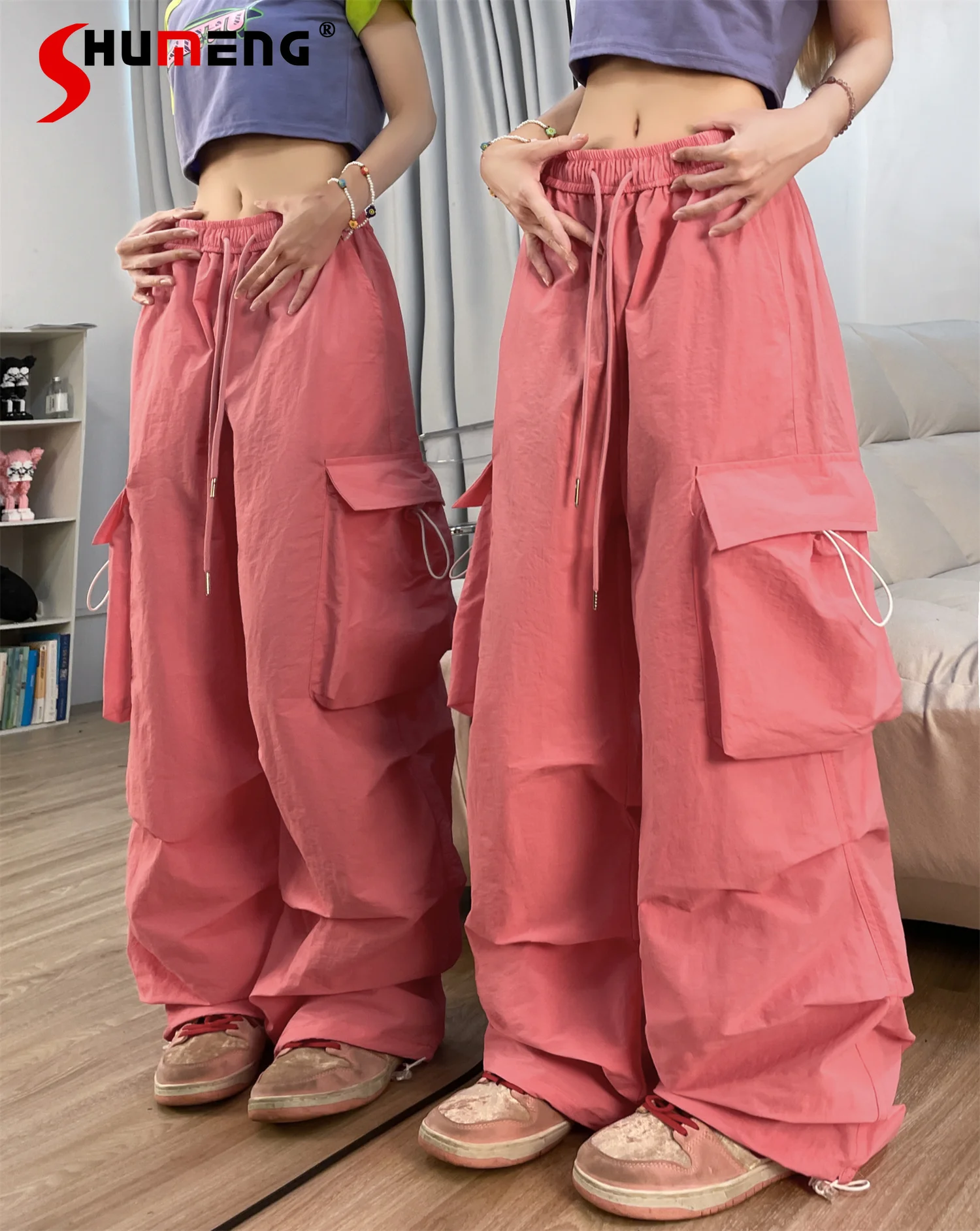 

Hot Girl Hiphop Pants for Women Baggy Overalls Female Streetwear American Retro Dance Pleated Ankle Banded Trousers Feminina