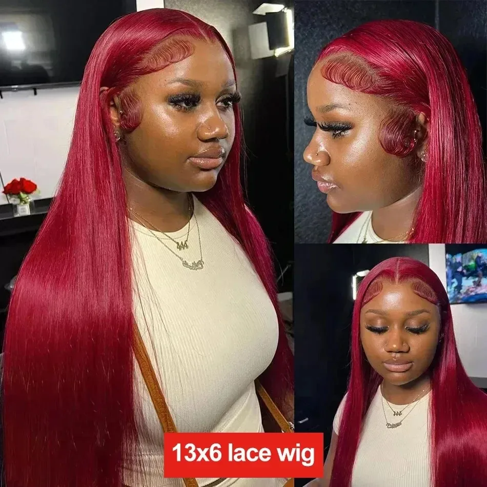 

13x6 Lace Front Wig Human Hair Wigs Pre Plucked 36 Inch Straight 99J Red Burgundy 13x4 Lace Frontal Human Hair Wig 200% Density