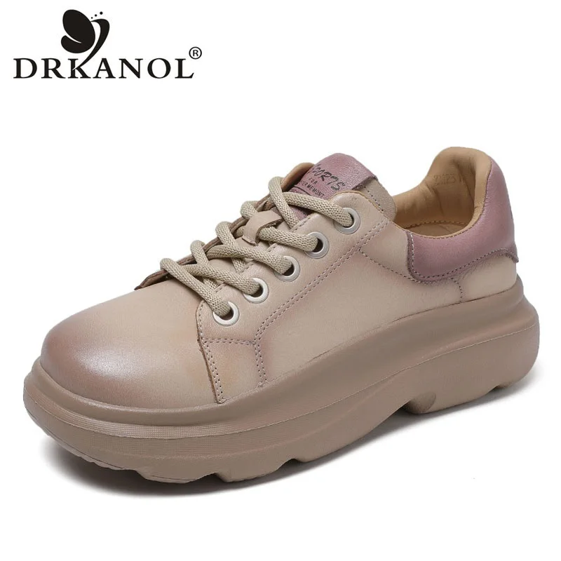 DRKANOL 2023 Women Sneakers Fashion Thick Bottom Genuine Leather Lightweight Mixed Colors Casual Sneakers Women Platform Shoes