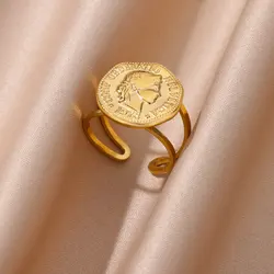 Stainless Steel Portrait Queen Coin Rings For Women Opening Gold Color Round Coin Queen Finger Rings Waterproof Female Jewelry