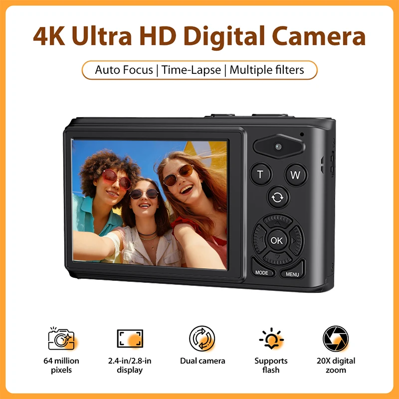 

Камера Komery с записью видео 4K Ultra HD, 20-кратным цифровым зумом, 64-мегапиксельная камера для спорта, поддерживает запись видео и фото, с функцией зарядки.