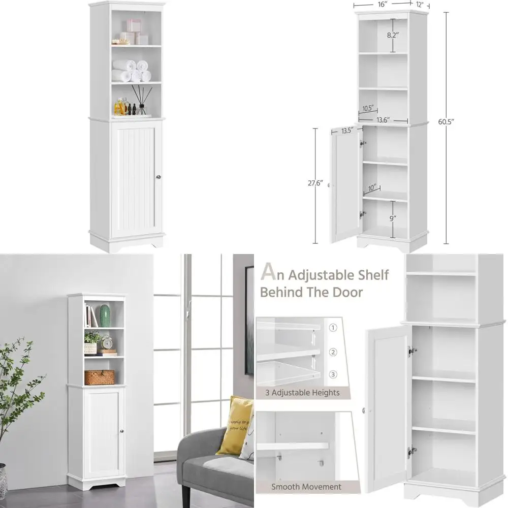

elegant tall 3-shelf cabinet with door for bathroom, living room, and entryway storage