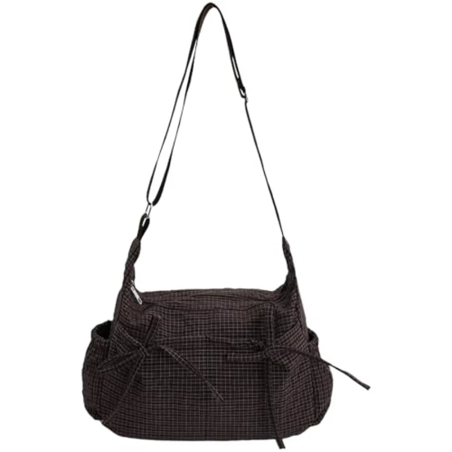 

Plaid Shoulder Bag for Women, Coffee Bow Crossbody Purse, Large Capacity Nylon Messenger Bag, Casual Zipper Handbag with Adjust