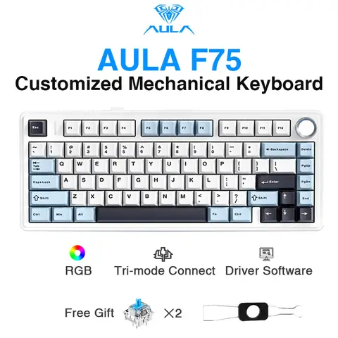 AULA F75 2.4G Wireless/Bluetooth/Wired Gaming Mechanical Keyboard RGB Customized 75% Layout OEM Profile Gasket Structure