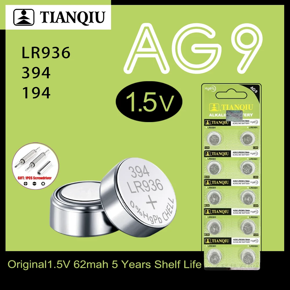 Original TIANQIU AG9 LR936 Button Cell Battery SR936SW 394 394A L936F 1.5V Alkaline for Calculator Thermometer Toy Watch Battery