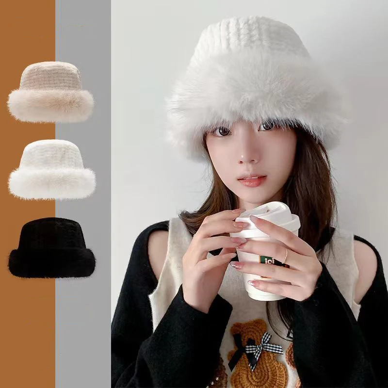 

Women Fluffy Fur Fisherman Hat Winter Plush Ear Protection Cap Windproof Warm Headgear Beanie Fashion Female Panama Caps