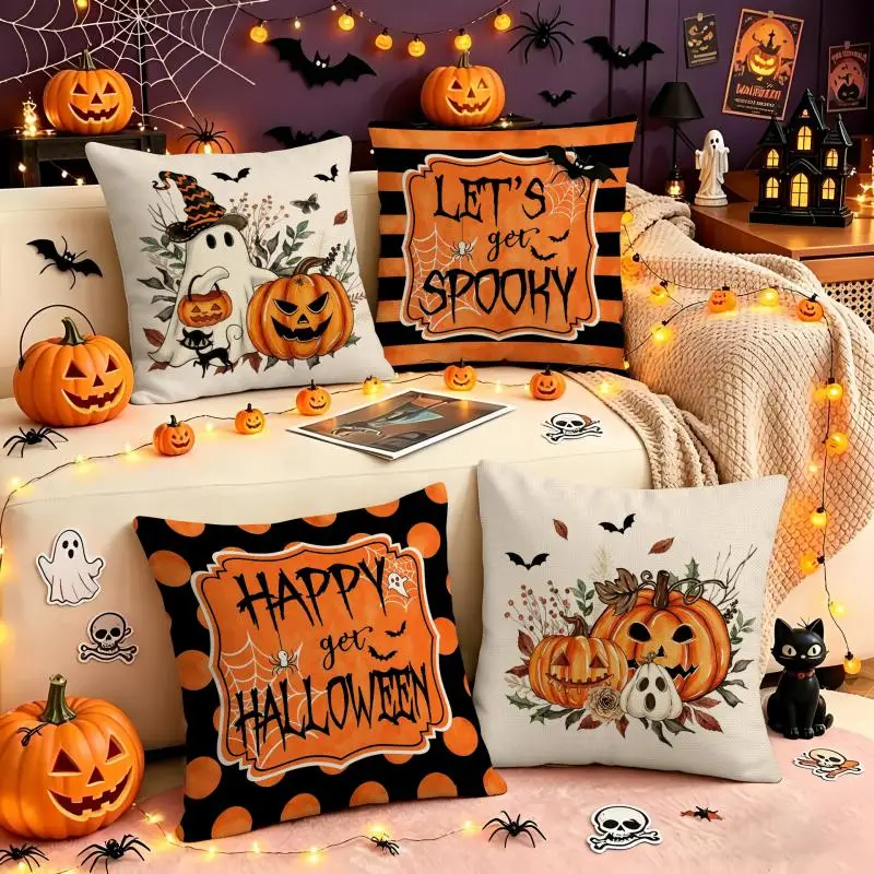 2 Stück Halloween Orange Kissenbezüge mit Geister- und Kürbisdruck aus Polyester, bequeme Dekoration für Sofakissen. – Detail 3