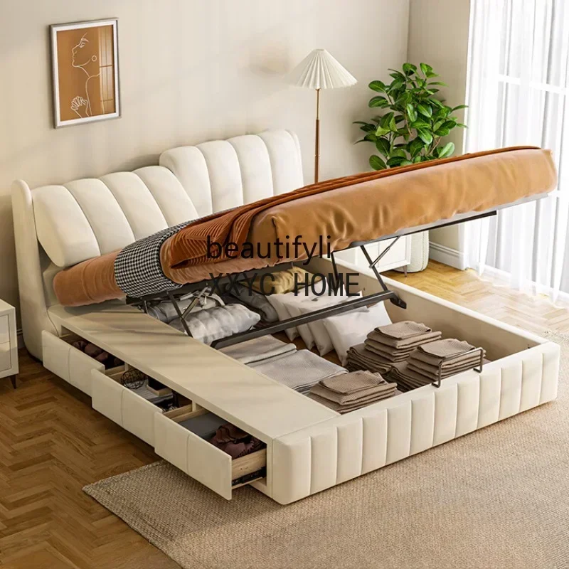 Nordic Science and Technology Advanced Velvet Modern Minimalist Cream Style Master Bedroom Double Box Storage Soft BagFabric Bed