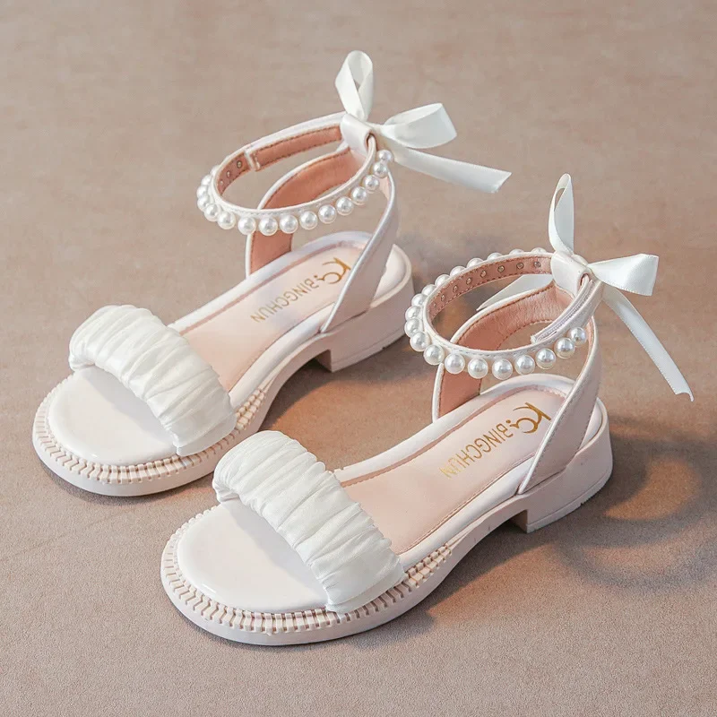 Little Girl Sandal Summer Elegant Children Princess Pearl Roman Sandals Fashion Sweet Bowtie Kids Causal Flat Open-toe Sandals