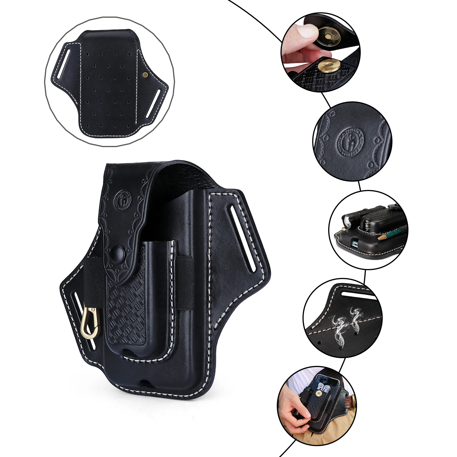 Tourbon الجلود EDC حزام الحقيبة المنظم طبقة مزدوجة قابلة للطي سكين غمد مصباح يدوي حامل هاتف مع سلسلة المفاتيح إغلاق المفاجئة