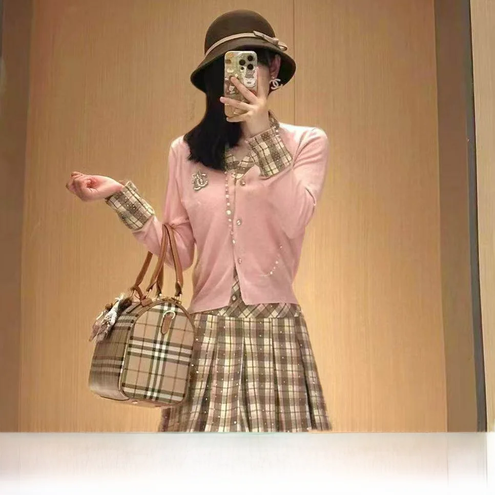 

Вязаный шерстяной кардиган Sy Berberia Moka с V-образным вырезом и стразами, длинная юбка с клетчатым узором, модная женская одежда