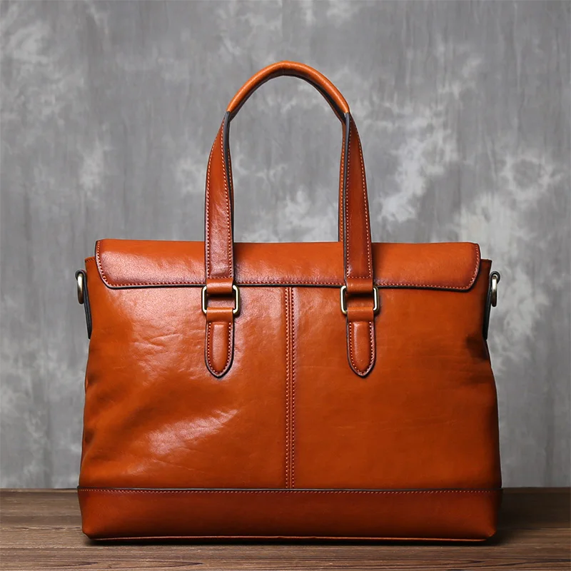 JLFGPJ Men\'s Briefcase Leather Retro Casual Horizontal Style Vegetable Tanned Top Layer Cowhide Crossbody 13 inch Computer Bag