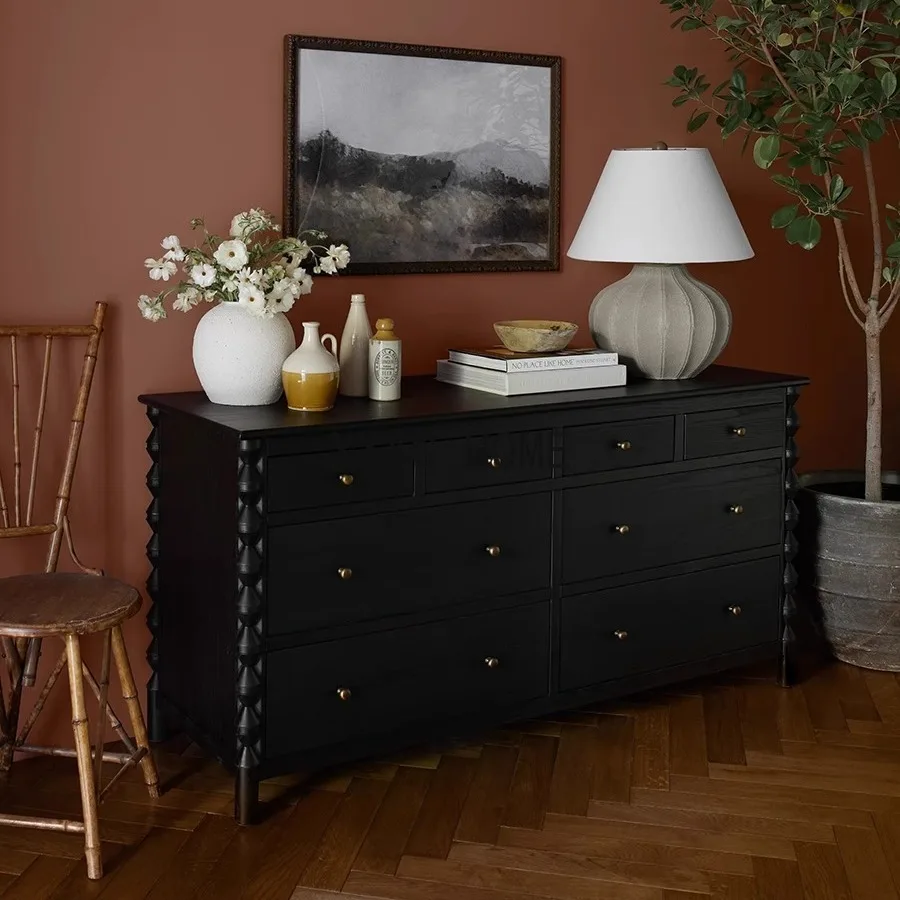 

American solid wood chest, black eight-bucket cabinet, neoclassical locker, bedroom drawer cabinet, living room