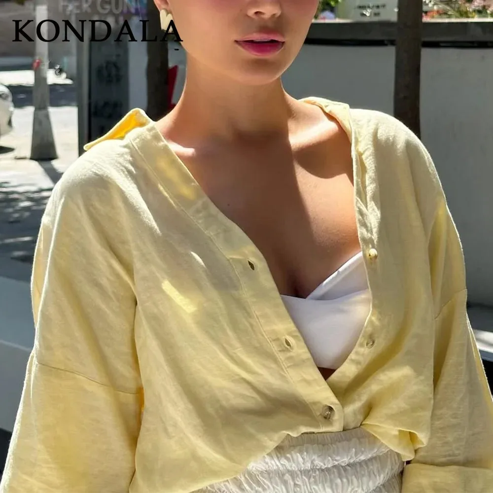 KONDALA2025 automne hiver décontracté mince femmes chemises mode beurre jaune solide ample simple boutonnage Chic élégant dames Cardigans